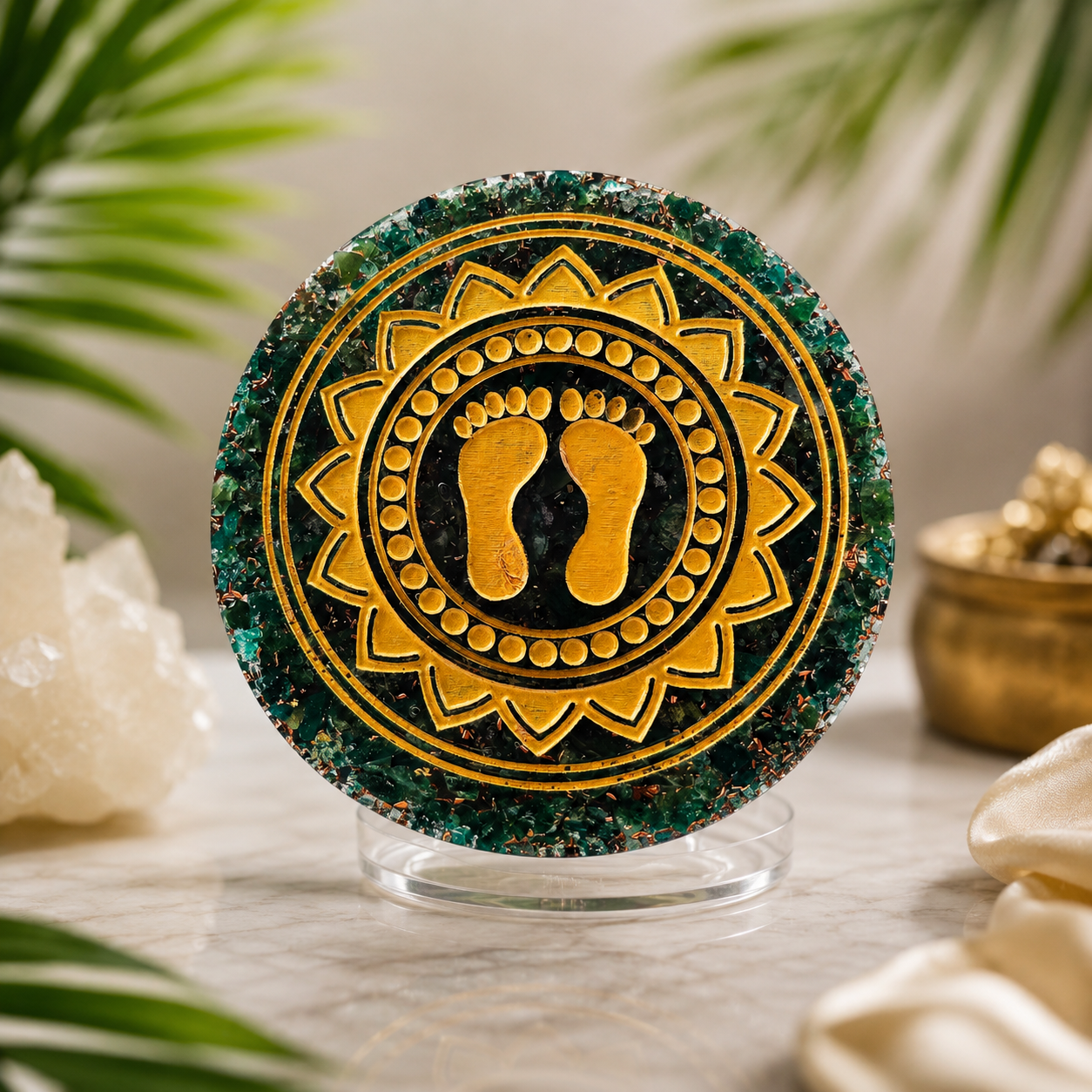 Green Jade Laxmi Charan Engraved Orgonite Plate